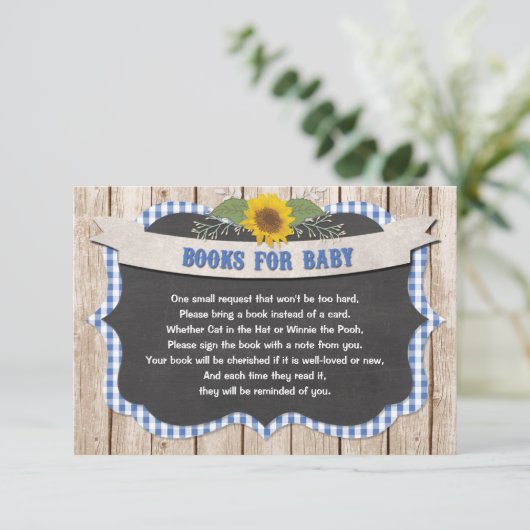 青いギンガム黄色のひまわりの花の本ベビー エンクロージャーカード (スタンド正面)