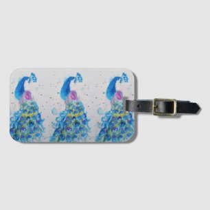 青いクジャクの鳥 水彩 ラゲージタグ
