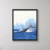 青いクジラの尾が海で跳ねるアート キャンバスプリント (正面)