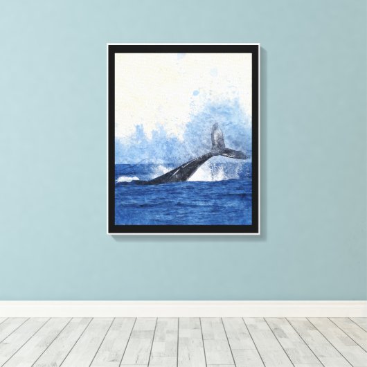 青いクジラの尾が海で跳ねるアート キャンバスプリント (インサイチュ (ウッドフロア))