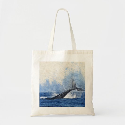 青いクジラの尾が海で跳ねるアート トートバッグ (正面)