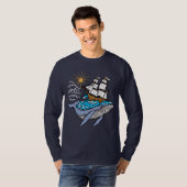 青いクジラの帆船の波の航海のテーマ Tシャツ (正面フル)
