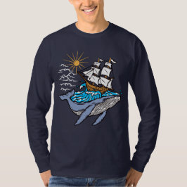 青いクジラの帆船の波の航海のテーマ Tシャツ