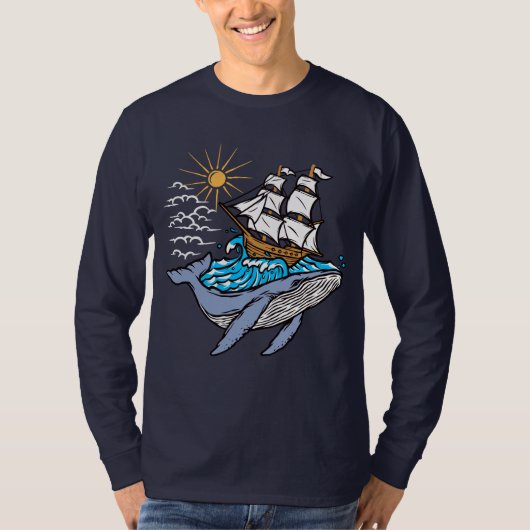 青いクジラの帆船の波の航海のテーマ Tシャツ (正面)