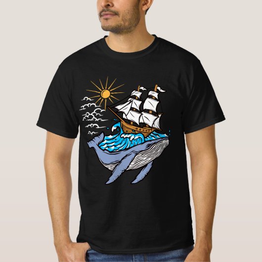青いクジラの帆船の波の航海テーマ Tシャツ (正面)