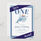 青いクジラの1歳の誕生日パーティー 招待状 (正面)