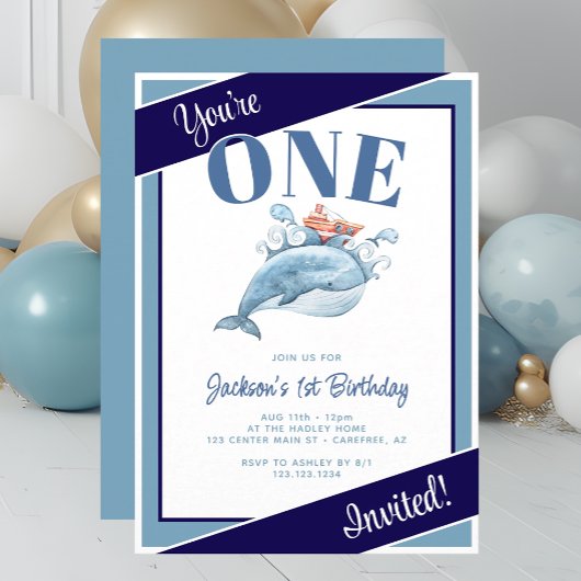 青いクジラの1歳の誕生日パーティー 招待状
