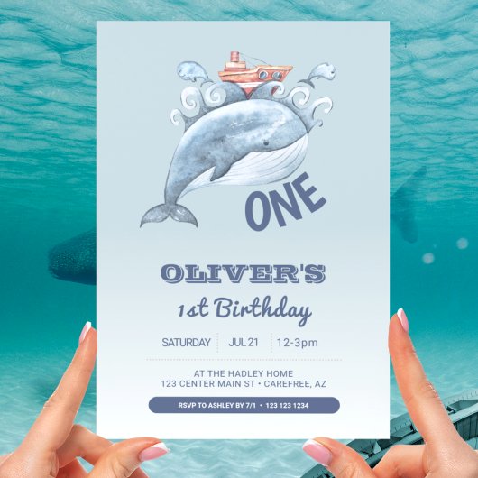 青いクジラ 男の子 1歳の誕生日 招待状