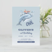 青いクジラ 男の子 1歳の誕生日 招待状 (スタンド正面)