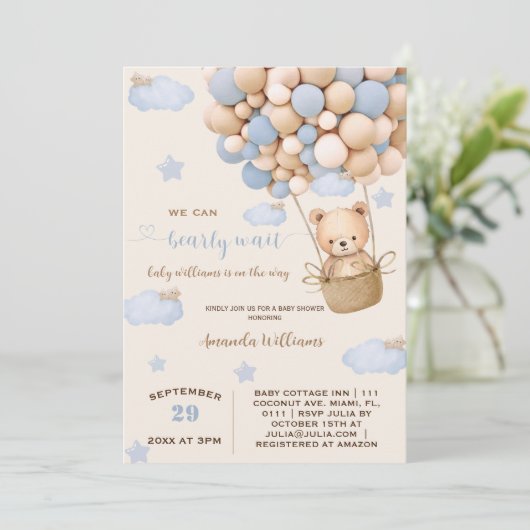 青いクマのバルーン心待ち男の赤ちゃんシャワー 招待状 (スタンド正面)