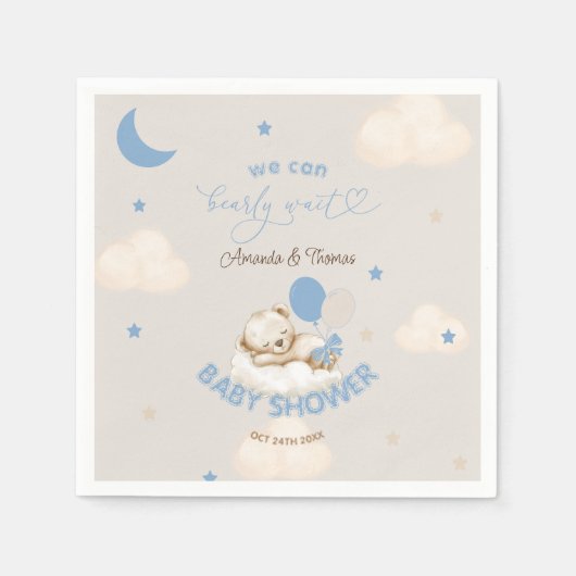 青いクマのバルーン男の子のシャワー スタンダードカクテルナプキン (正面)