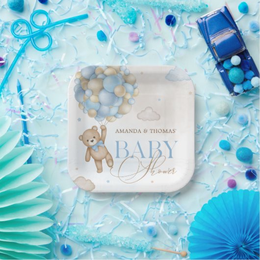 青いクマのバルーン赤ちゃんシャワー ペーパープレート (パーティー)