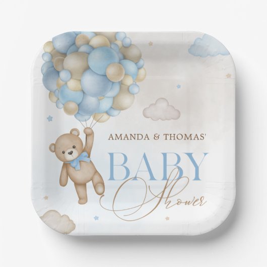 青いクマのバルーン赤ちゃんシャワー ペーパープレート (正面)