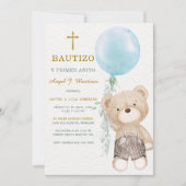 青いクマの男の子洗礼式と1歳の誕生日おめでとう   招待状 (正面)