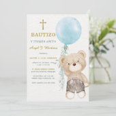 青いクマの男の子洗礼式と1歳の誕生日おめでとう   招待状 (スタンド正面)