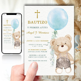 青いクマの男の子洗礼式と1歳の誕生日おめでとう   招待状