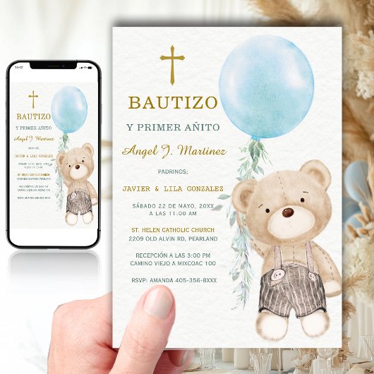 青いクマの男の子洗礼式と1歳の誕生日おめでとう   招待状