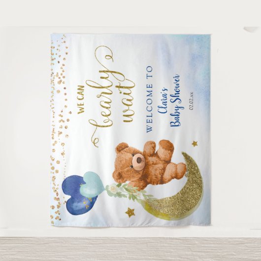 青いクマの風船 赤ちゃん歓迎会 看板 タペストリー (正面)