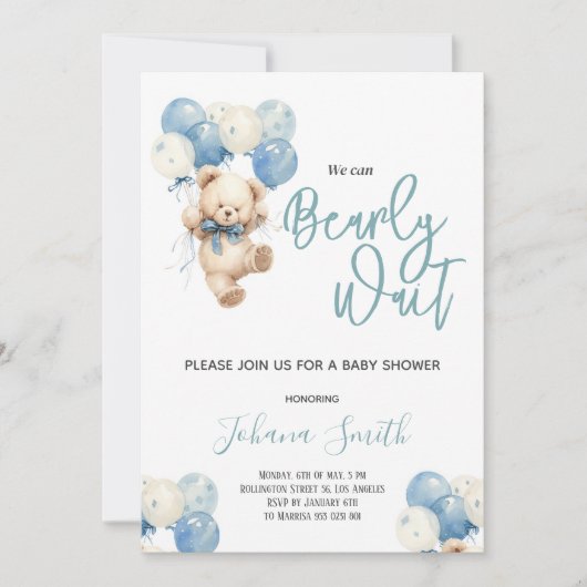 青いクマ我々は赤ちゃんシャワーを待つことができる 招待状 (正面)