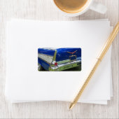 青いクラシック車のサイド白いテールフィン ラベル (インサイチュ)