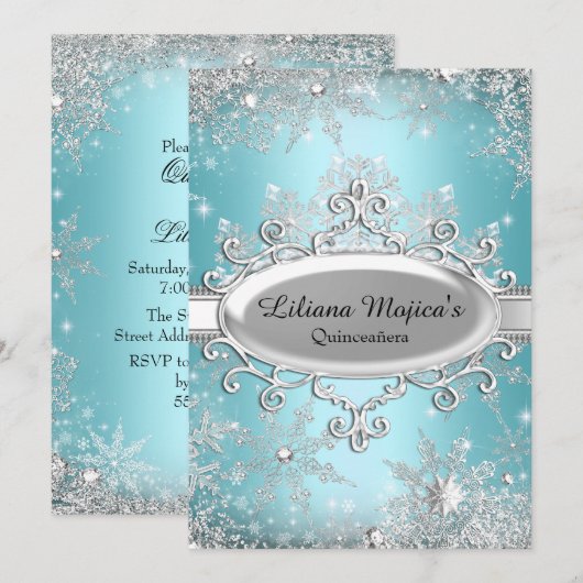 青いクリスタル スノーフレーク プリンセスのキンセアニエラ 招待状 (正面/裏面)