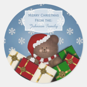 青いクリスマスのくまおよび雪のクリスマスのステッカー ラウンドシール