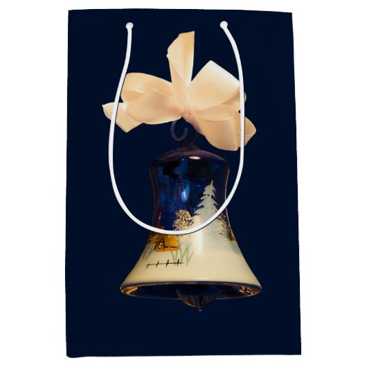 青いクリスマスのジングルベルのギフトバッグのワインのバッグ ミディアムペーパーバッグ (正面)