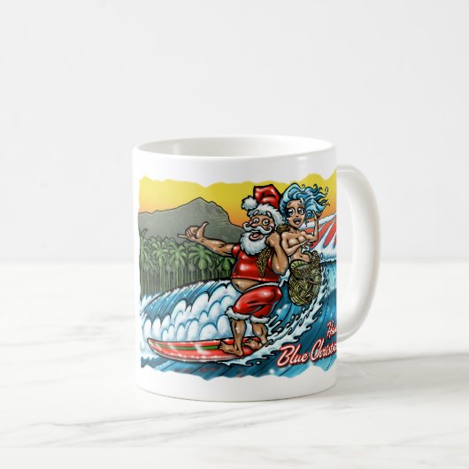 青いクリスマスのハワイのサーフのサンタのイラストレーション コーヒーマグカップ (正面右)