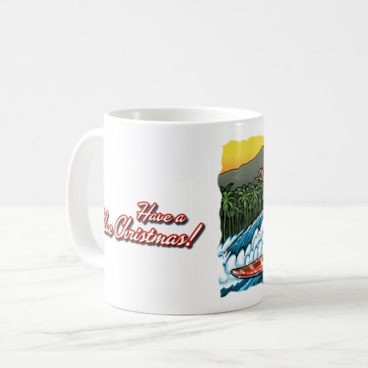 青いクリスマスのハワイのサーフのサンタのイラストレーション コーヒーマグカップ (正面左)