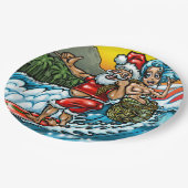 青いクリスマスのハワイのサーフのサンタのイラストレーション ペーパープレート (アングル)