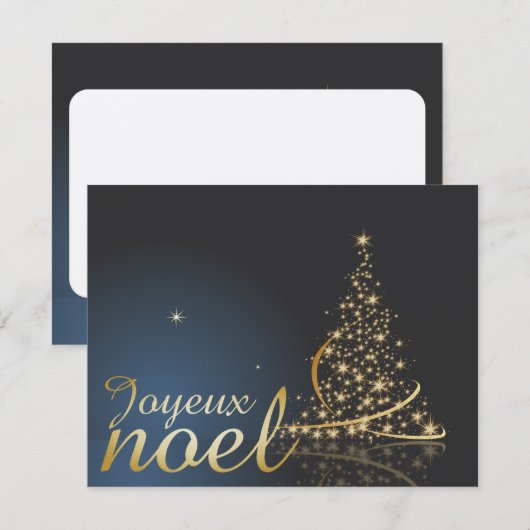 青いクリスマスのモチーフと金のクリスマスツリー 招待状 (正面/裏面)