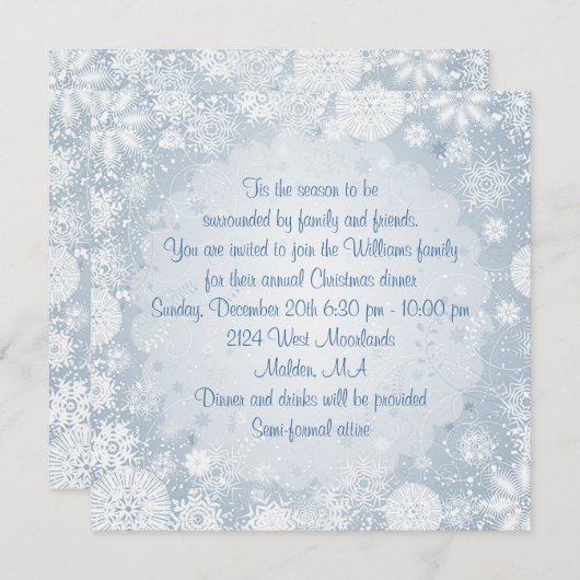 青いクリスマスの休日のパーティの白い雪片 招待状 (正面/裏面)