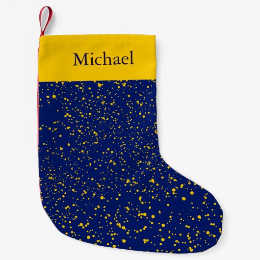 青いクリスマスの休日の黄色い紙吹雪の点 スモールクリスマスストッキング (正面)