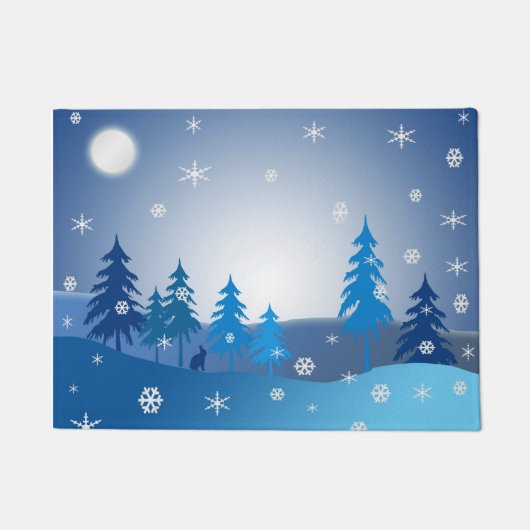 青いクリスマスの冬場面 ドアマット (正面)