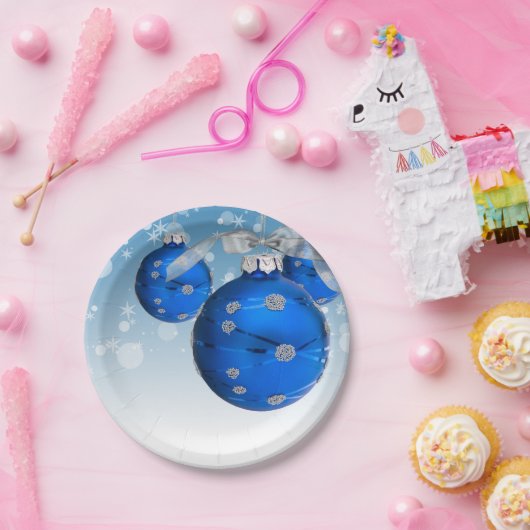 青いクリスマスの装飾と雪の結晶 ペーパープレート (パーティー)