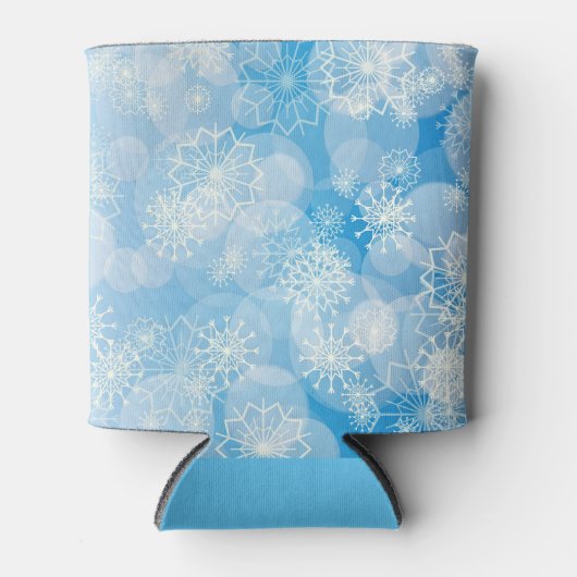 青いクリスマスの雪の結晶 缶クーラー (正面)