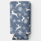 青いクリスマスの雪の結晶 鹿の模様 スリム缶クーラー (正面)