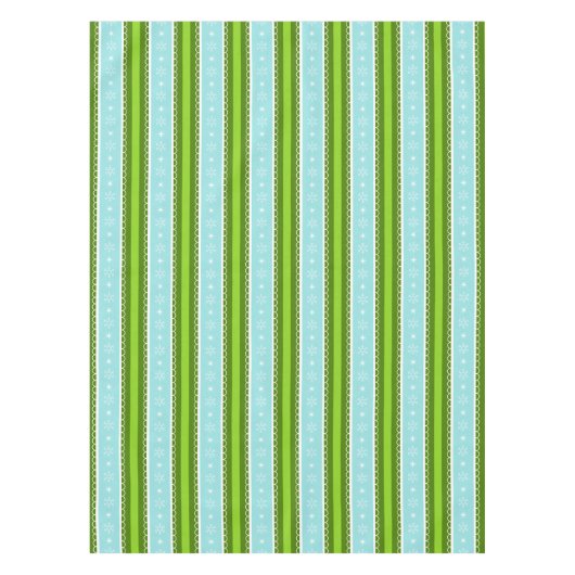 青いクリスマスの雪片及び緑のストライプなパターン テーブルクロス (正面)