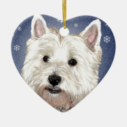 青いクリスマスのwestie セラミックオーナメント (正面)