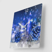 青いクリスマスオーナメントとろうそく スクエア壁時計 (傾斜)