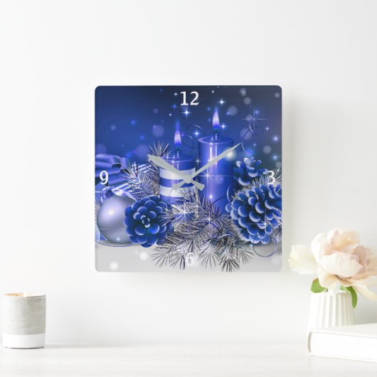 青いクリスマスオーナメントとろうそく スクエア壁時計 (ホーム)