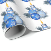青いクリスマスオーナメントとロウソク ラッピングペーパー (ロールコーナー)