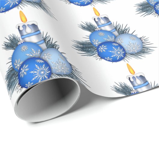 青いクリスマスオーナメントとロウソク ラッピングペーパー (ロールコーナー)