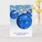 青いクリスマスオーナメントと雪片 カード (黄色い花)