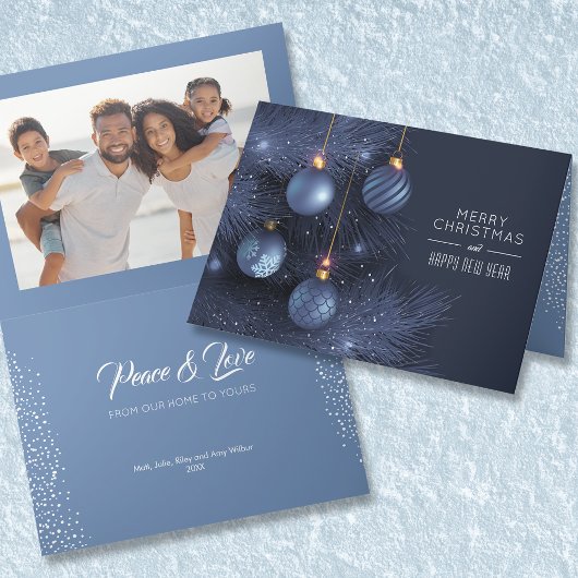 青いクリスマスオーナメント1写真折り畳み シーズンカード