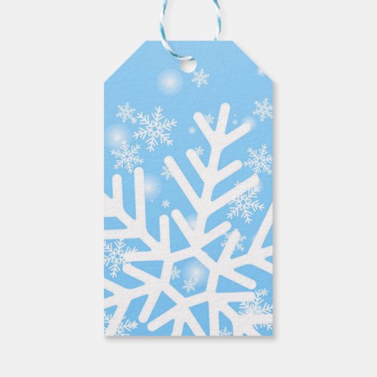 青いクリスマスギフトタグの上の白い雪 ギフトタグ (裏面)