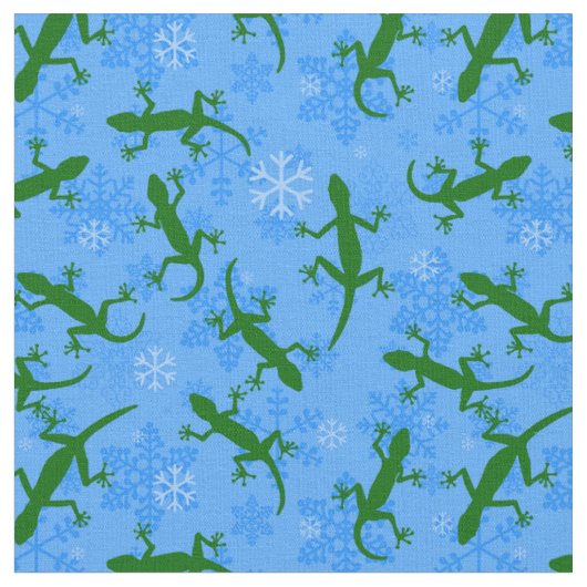 青いクリスマスゲッコ爬虫類雪片 ファブリック (クローズアップ)
