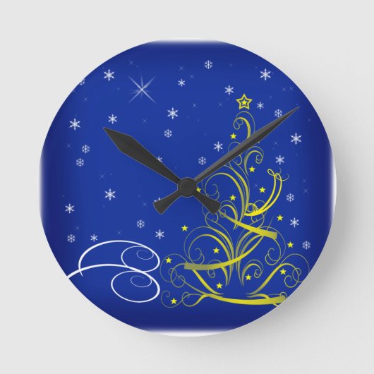 青いクリスマスシーン ラウンド壁時計 (正面)