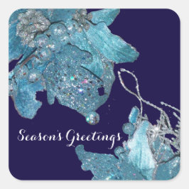 青いクリスマススターエレガント、きらめくフローラ スクエアシール