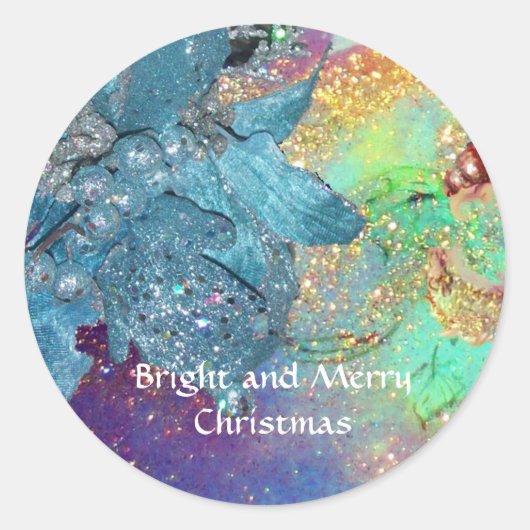 青いクリスマススターエレガント、きらめくフローラ ラウンドシール (正面)